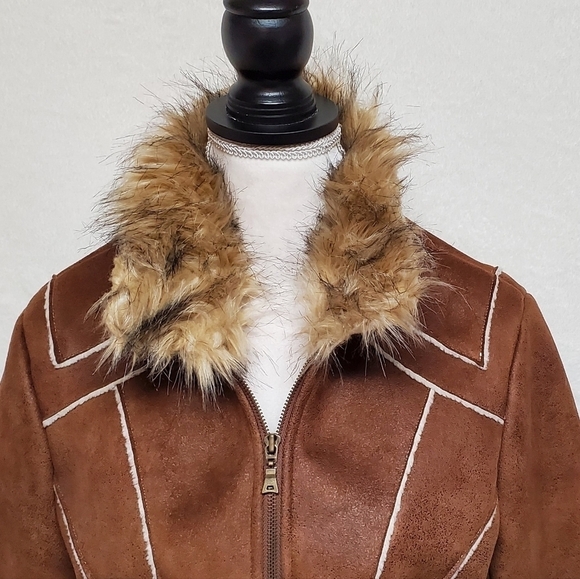 VINTAGE 90s Toffee Faux Suede Faux Fur Zip-Sleeve Full-zip Fleece Lined Jacket - Picture 5 of 13